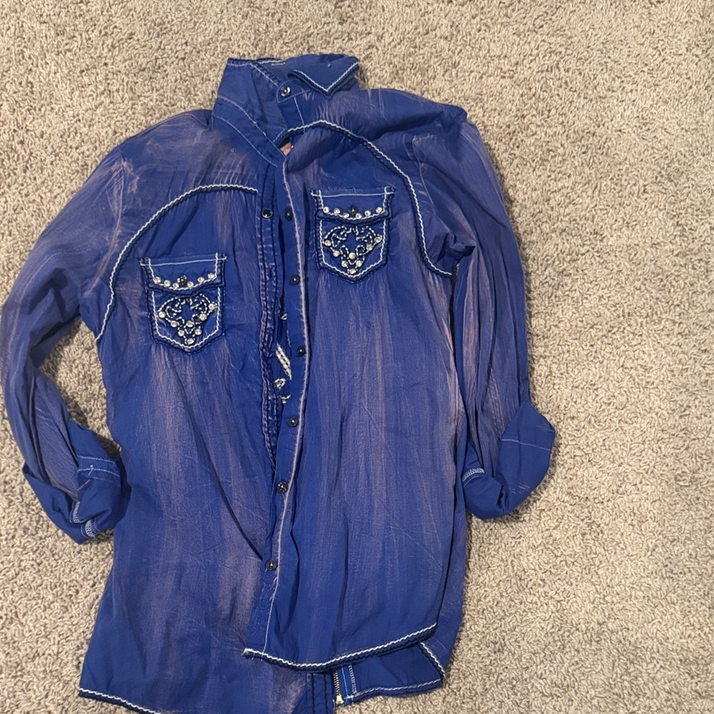 Roar Blue Button Down Shirt with Embroidery